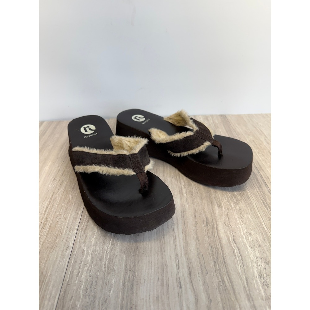 Report Thong Sandals Platform Chunky Wedge Sz 11 Brown Faux Fur Y2K Grunge